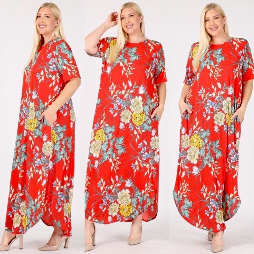 Plus Boutique Red Floral Print Dress 3X